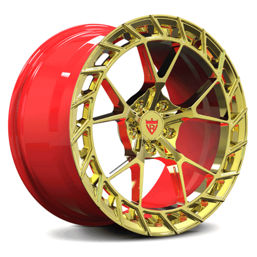 Custom forged monoblock wheel for Corvette C8, featuring red and gold design, made from aerospace-grade 6061-T6 aluminum alloy.