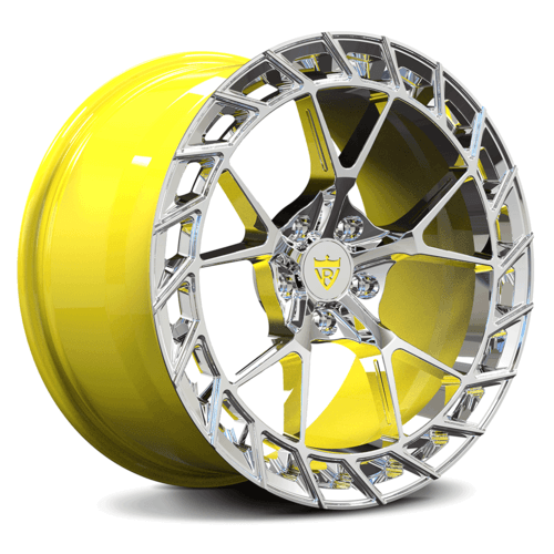 Custom forged monoblock wheel MC23 with yellow finish for Corvette C8, crafted from aerospace-grade aluminum alloy.