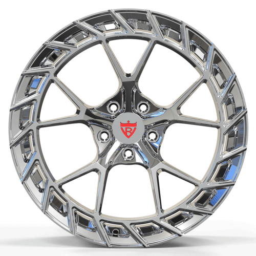 Custom forged monoblock wheel for Corvette C8 with sleek chrome finish and innovative design.