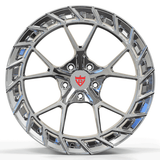 Custom forged monoblock wheel for Corvette C8 with sleek chrome finish and innovative design.