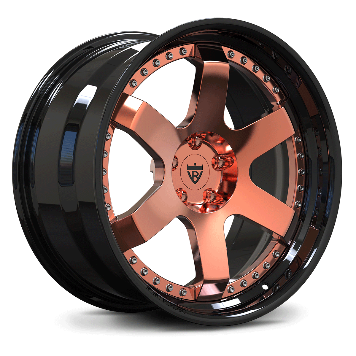 Polished Rose Gold and Black forged wheels by RVRN, custom 2-piece deep lip design.