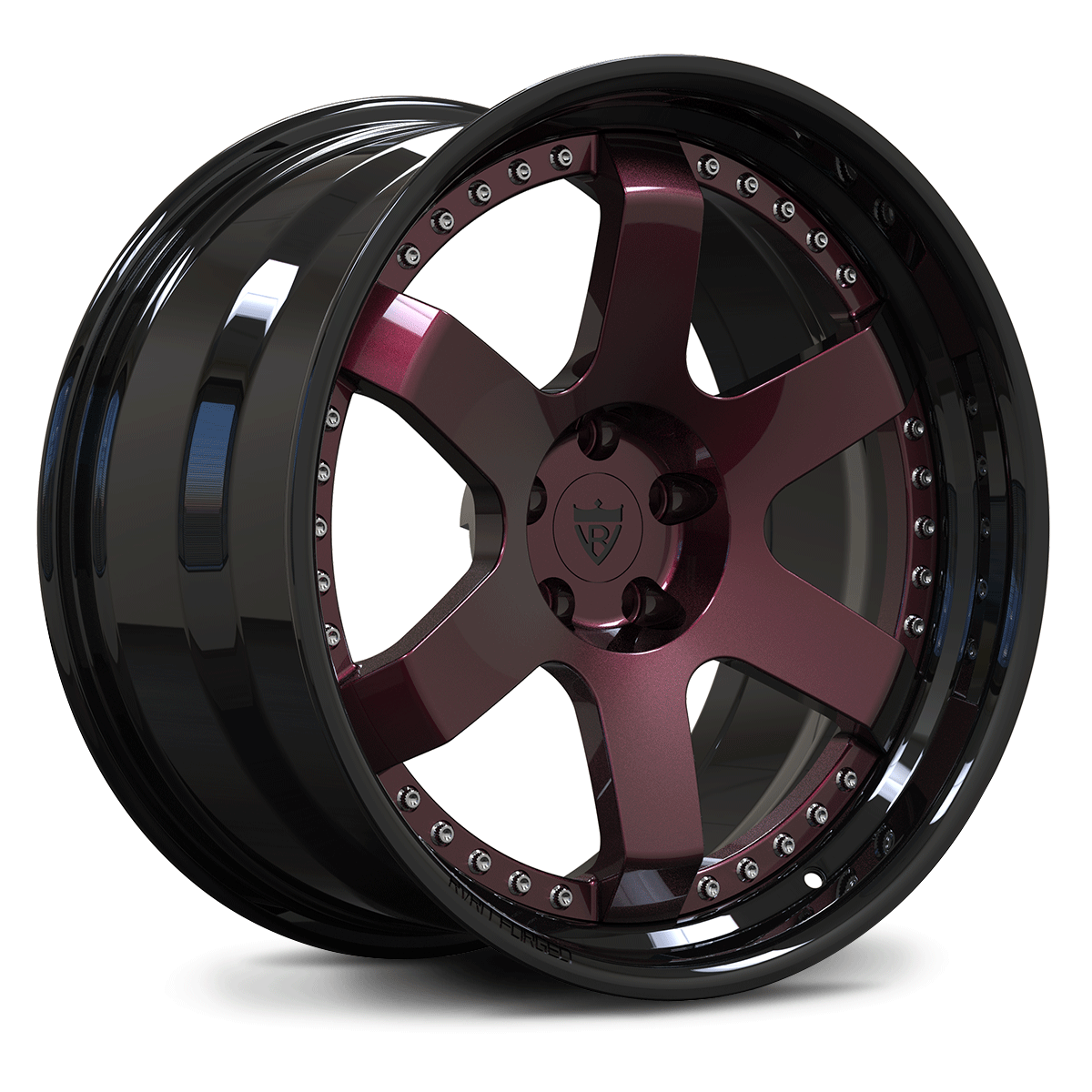 Custom forged 2-piece step lip wheels in Gloss Black and Rose Metallic by RVRN. Premium aftermarket forged wheels for performance cars.