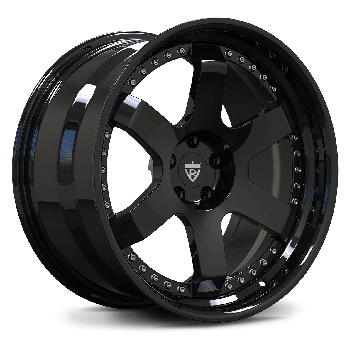 All Gloss Black forged 2-piece wheels by RVRN, lightweight and aggressive step lip design.