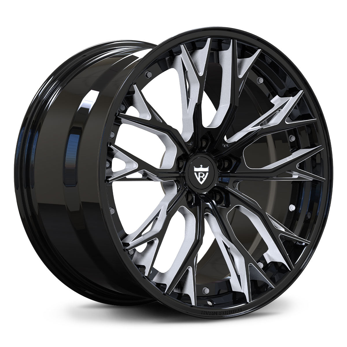 Custom forged wheels RV-DC04 for Corvette C8, showcasing an aggressive design with black and chrome accents.