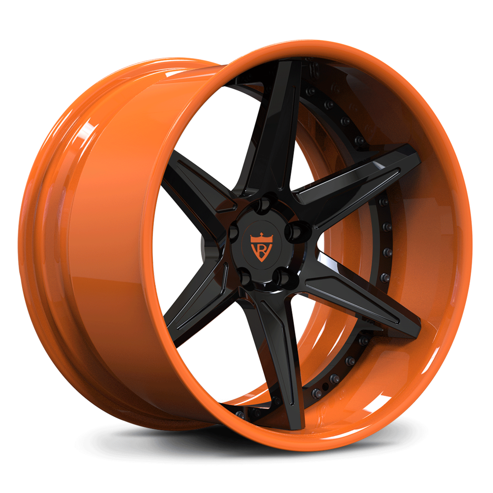 CUSTOM FORGED 2-PIECE DEEP CONCAVE WHEELS: RV-DC19 in vibrant orange with black accents for Nissan 350z custom wheels.