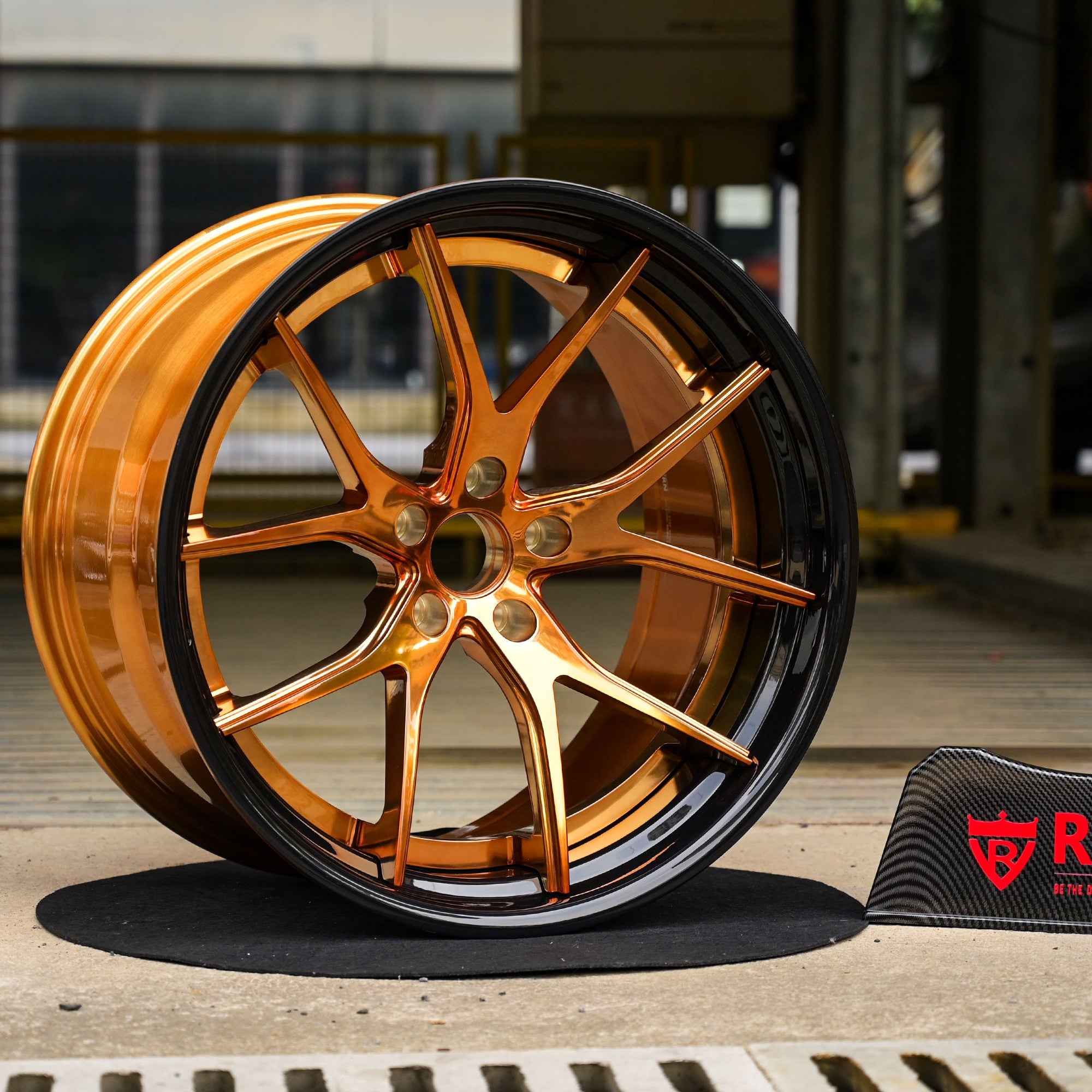 C8 Corvette bronze aftermarket wheel showcasing custom design for C8 Corvette enthusiasts.