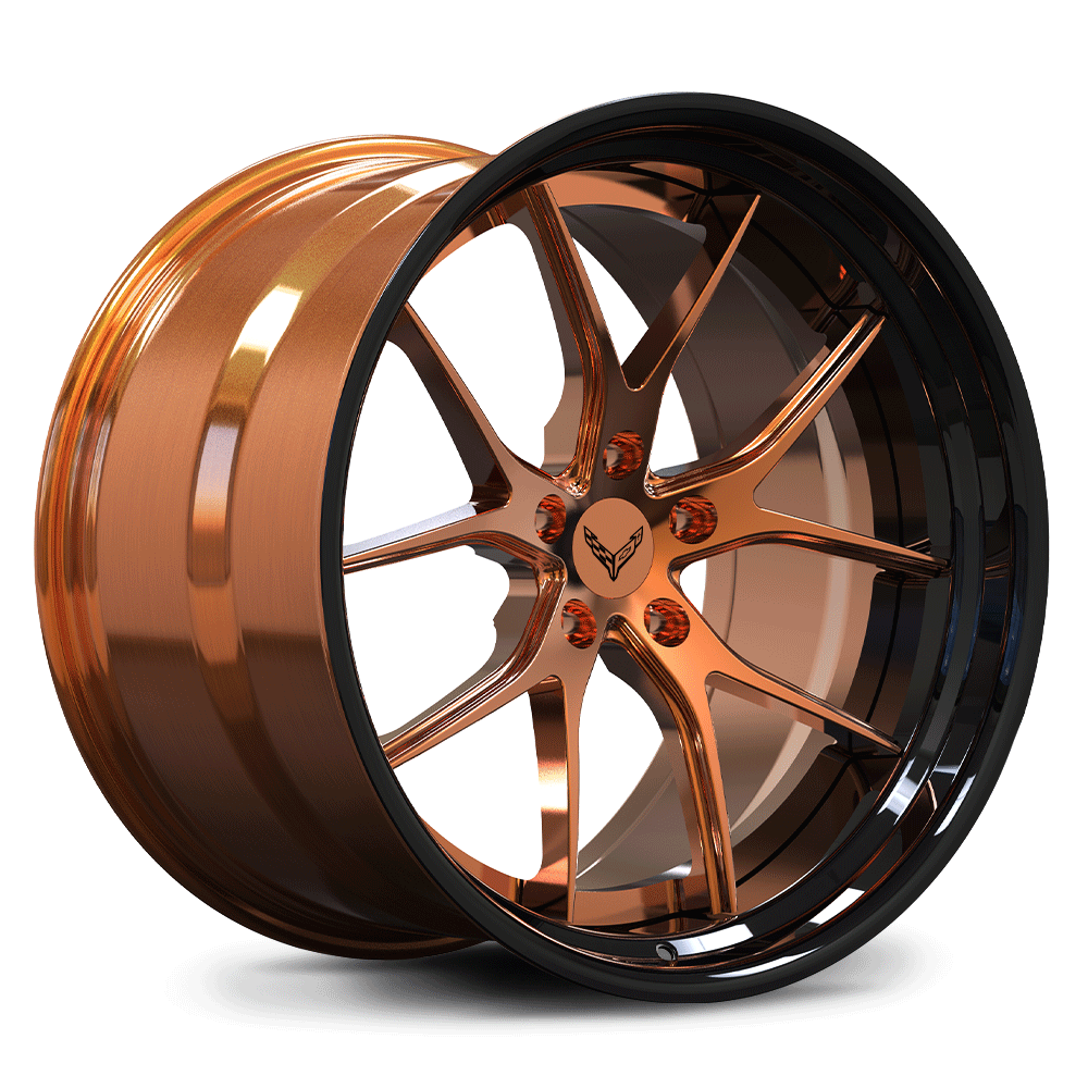 corvette c8 z06 aftermarket wheels with a deep concave style, bronze and black color, forged step lip, built by RVRN Custom Forged Wheels