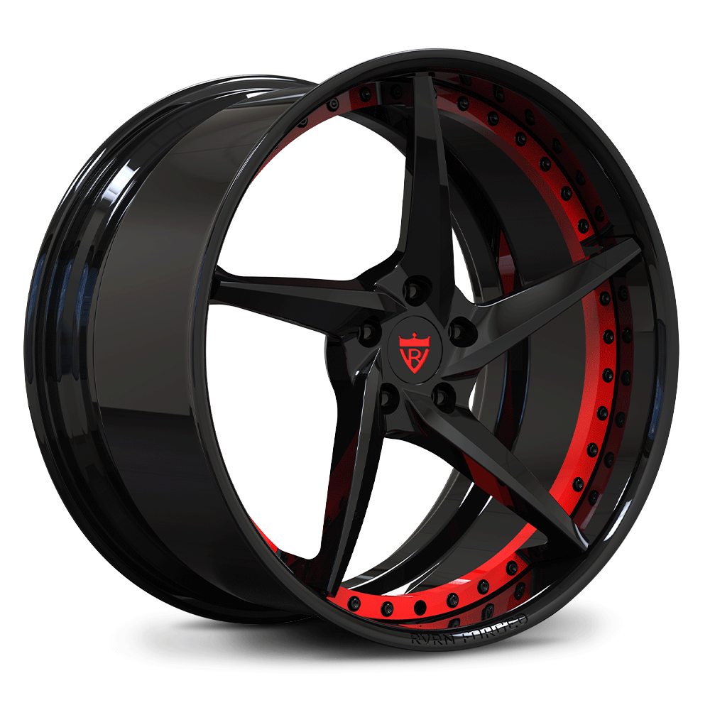 Custom forged 5 spoke concave wheel with black and red finish, designed for c8 Corvette Z51 and aftermarket applications.