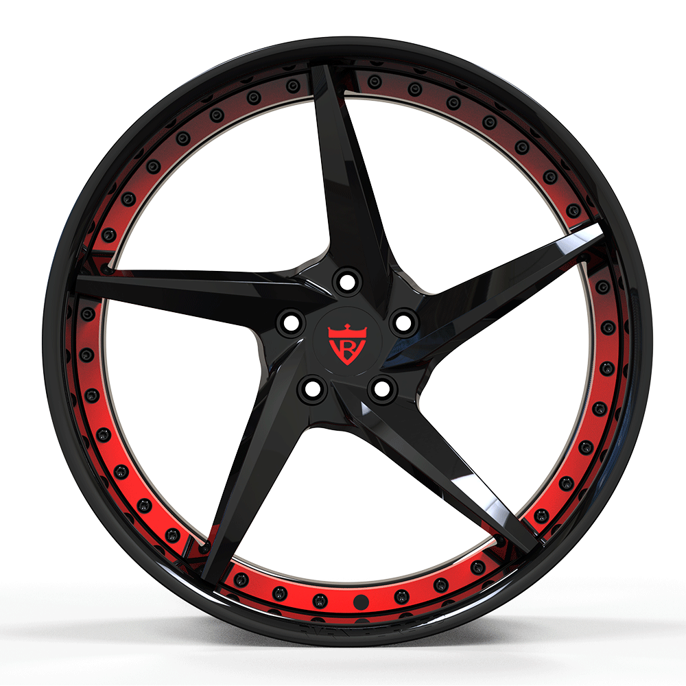 Custom forged 5 spoke concave wheel with black finish and red accents, perfect for C8 Corvette Z51 or aftermarket use.