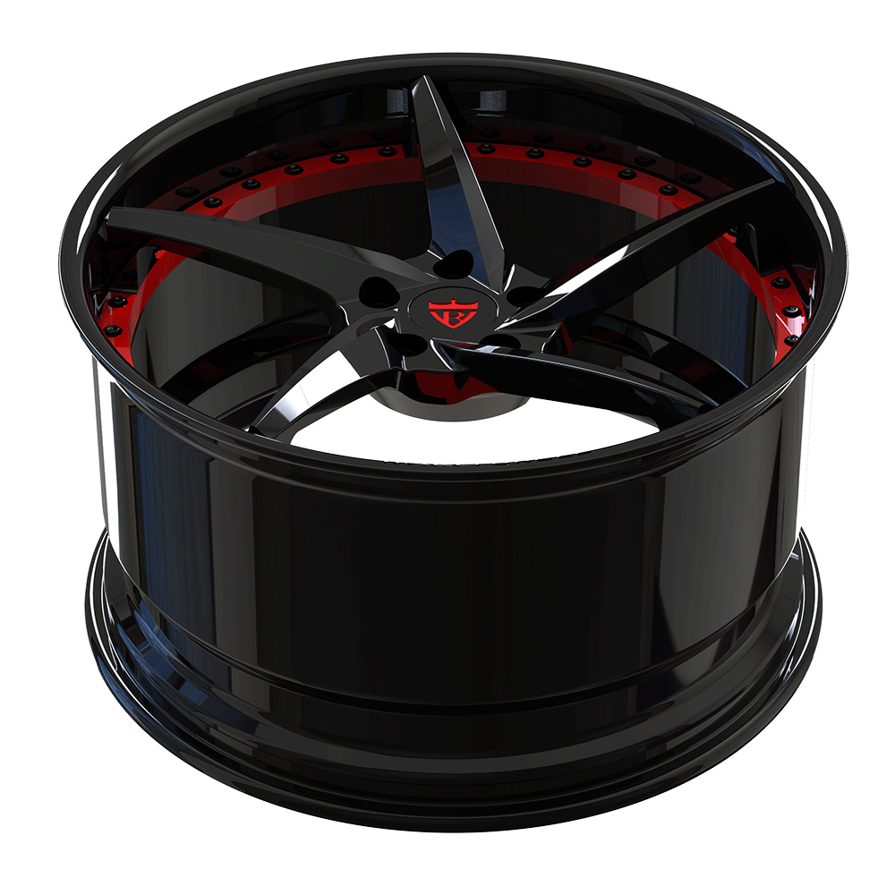 Custom forged 5 spoke concave wheel in black with red accents, designed for C8 Corvette Z51 and aftermarket applications.