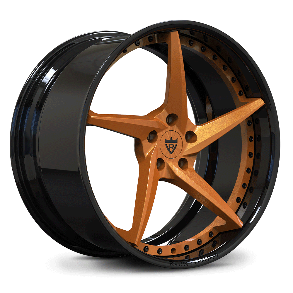 Custom forged 5 spoke concave wheel in black and orange suitable for C8 Corvette aftermarket wheels.