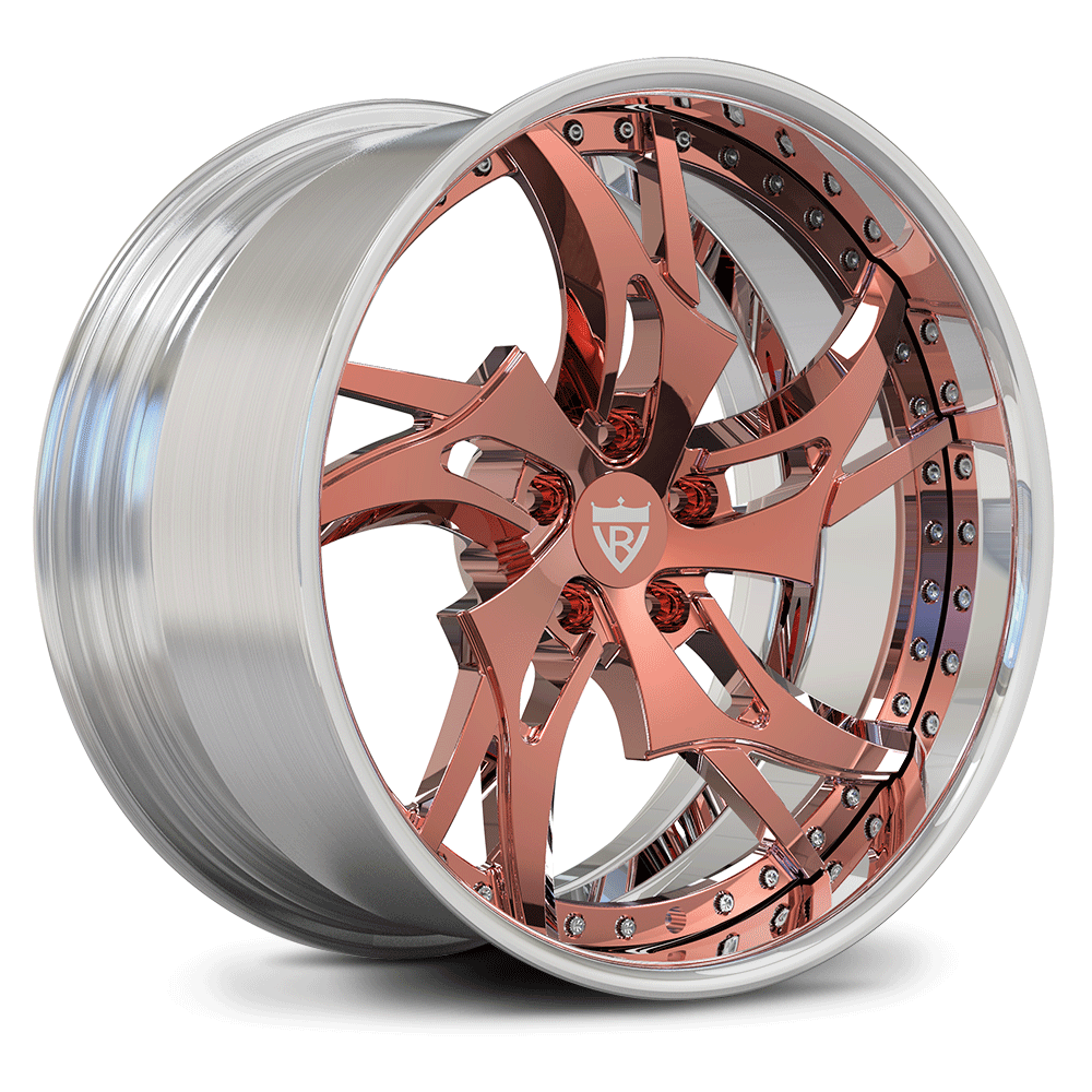 Custom forged rose gold wheels with deep dish design, compatible with Dodge Charger Hellcat and other vehicles.