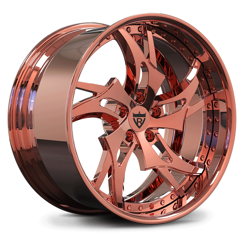 Custom forged rose gold wheels for Dodge Charger Hellcat, featuring deep dish design and high-performance aluminum alloy.