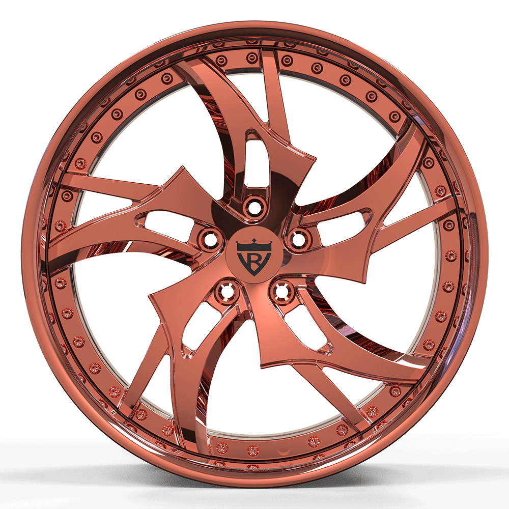 Custom forged rose gold 2-piece wheel design, perfect for Dodge Charger Hellcat and deep dish rims.