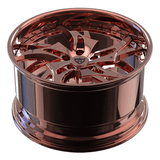 Custom forged 2-piece rose gold wheel for Dodge Charger Hellcat, deep dish design, showcasing intricate detailing.