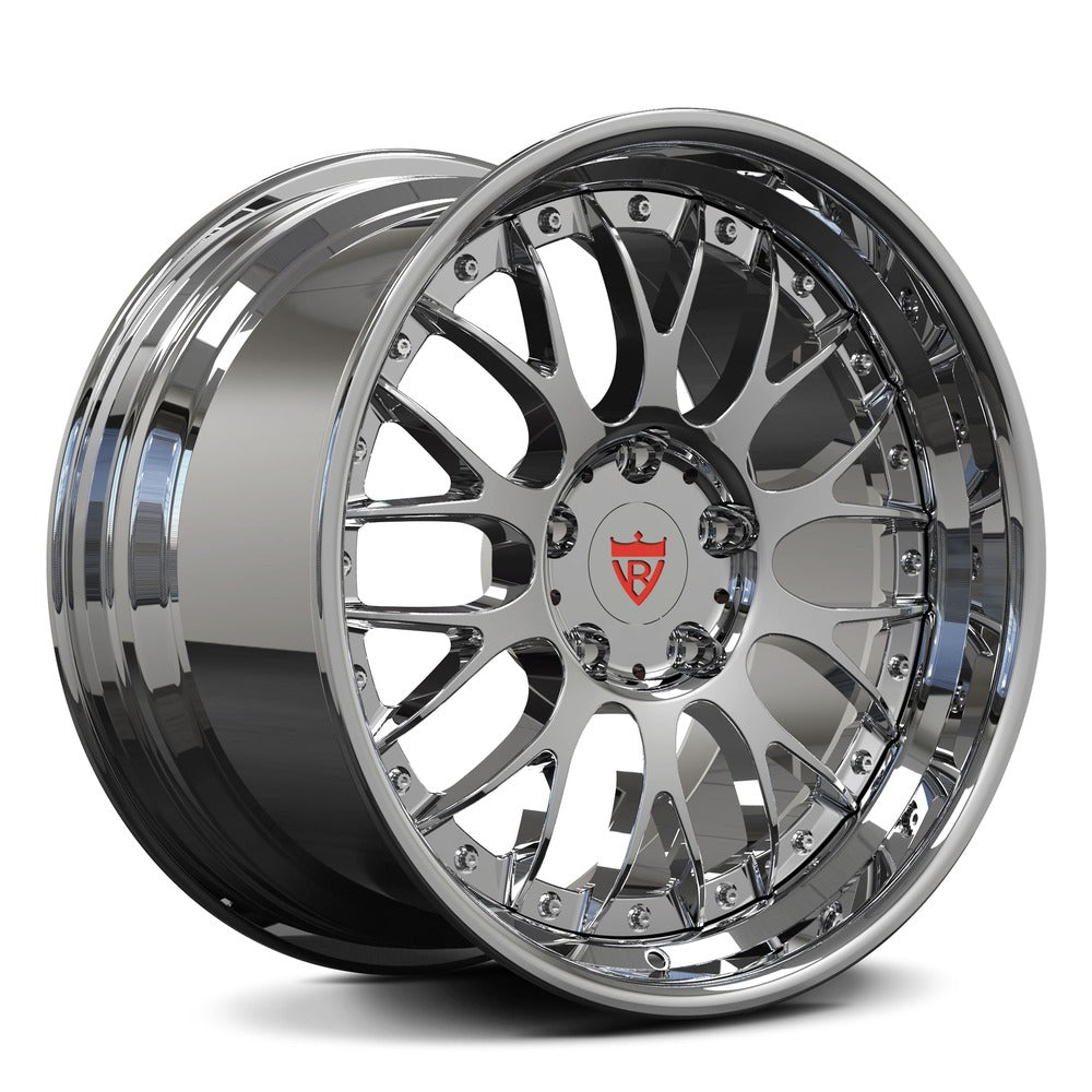 Custom 2-piece forged wheels RV-DC56 with chrome finish, ideal for a variety of vehicles including Mercedes-Benz and Ford Mustang.