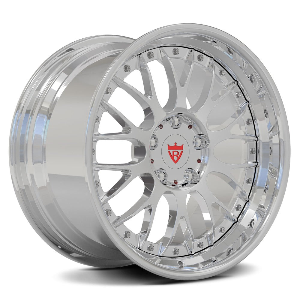 Custom 2-piece forged wheels RV-DC56 with a polished finish and unique deep dish design for enhanced vehicle aesthetics.