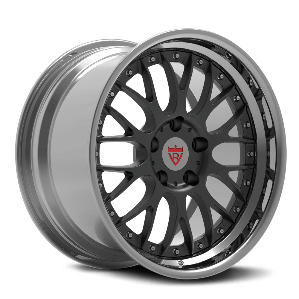 Custom 2-piece forged wheels RV-DC56 with black finish and polished lip, ideal for high-performance vehicles.