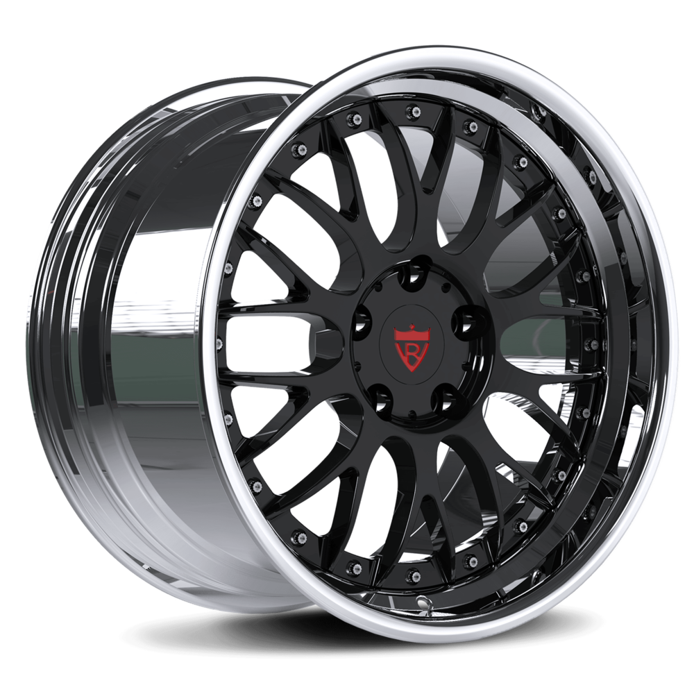 Custom 2-piece forged wheels in black and chrome finish, designed for high-performance vehicles.