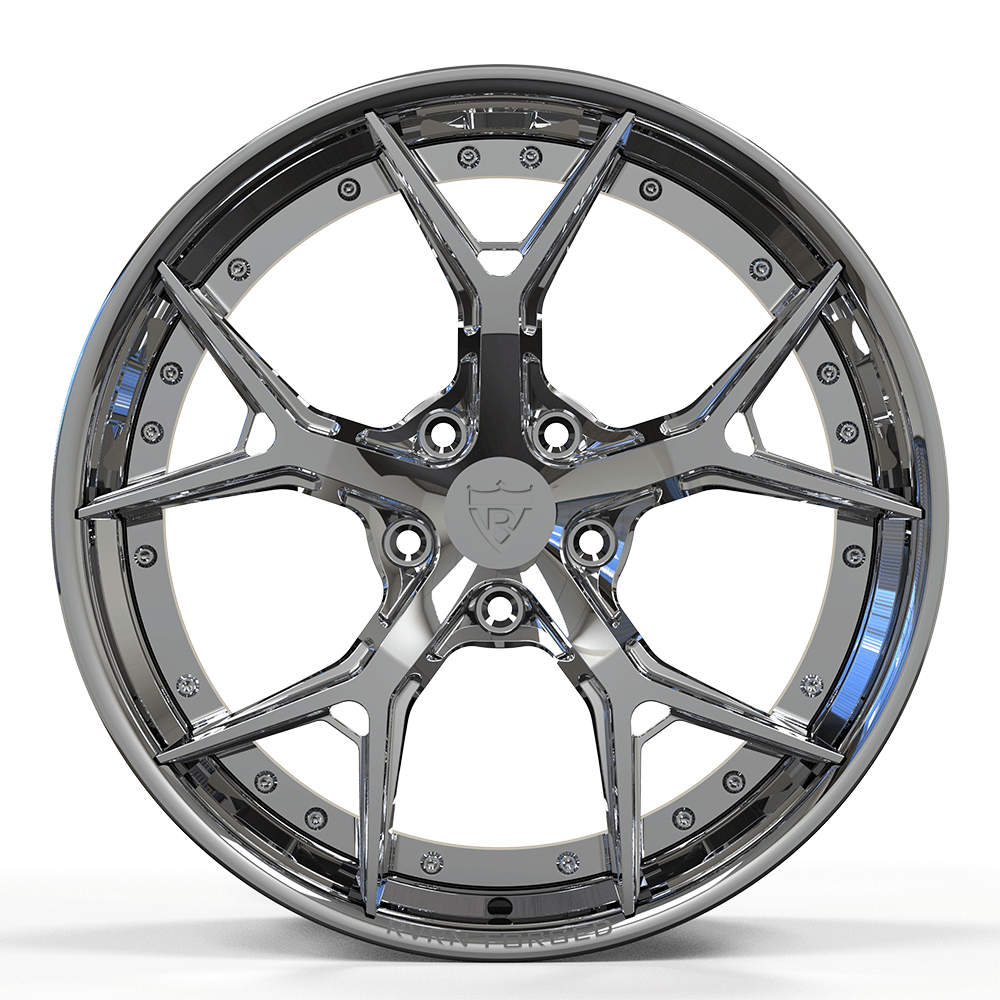 Chrome custom forged 2-piece wheel design for C6 Corvette aftermarket performance, showcasing style and precision.