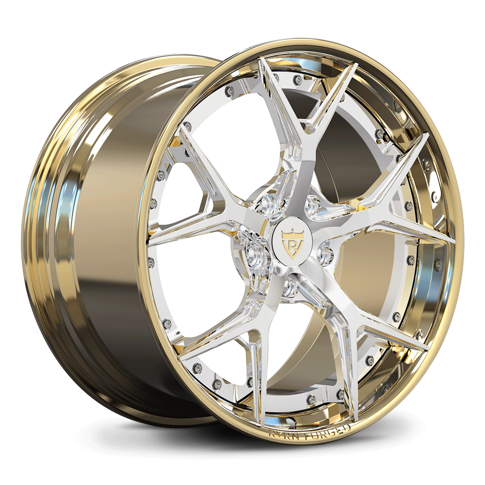Custom forged 2-piece wheels RV-DC69 in gold and chrome finish, ideal for C6 Corvette aftermarket and staggered setups.