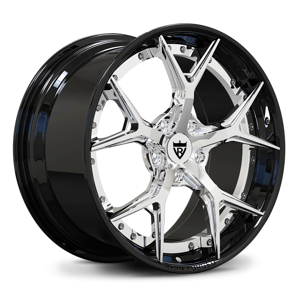 Custom forged 2-piece wheels RV-DC69 in black and chrome, designed for C6 Corvette aftermarket applications.