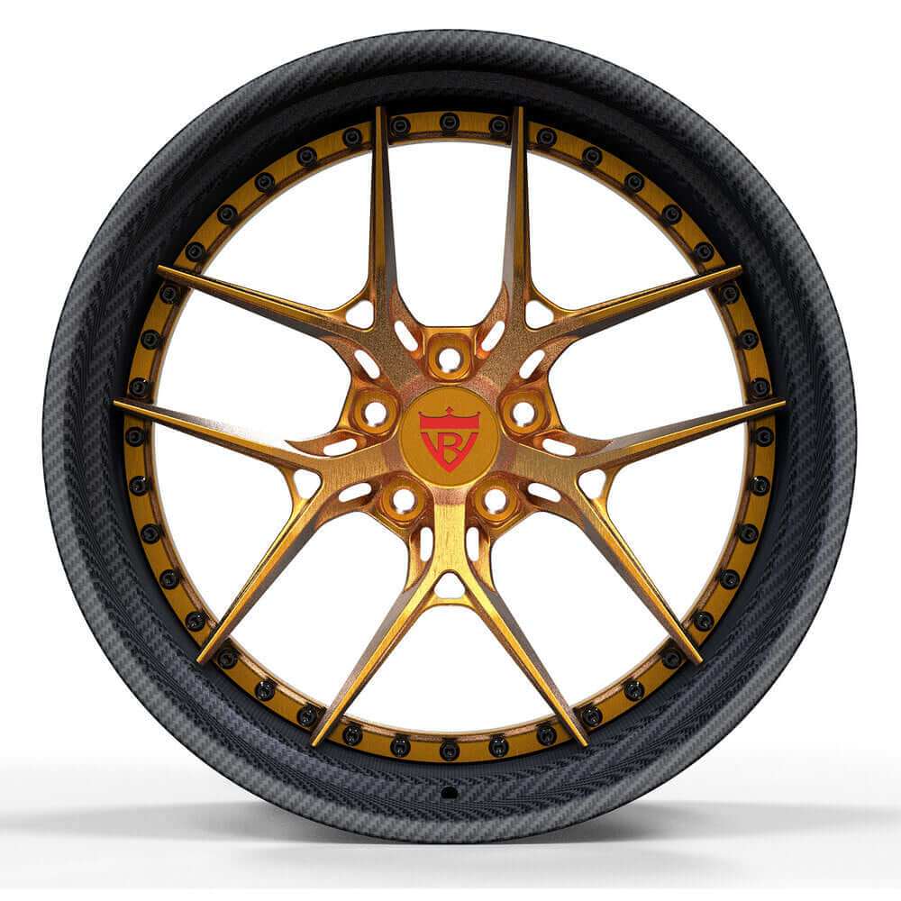 Forged step lip concave rims for BMW M3, M4, custom forged 2-Piece Wheels in Bronze face, carbon fiber wrapped deep lips.