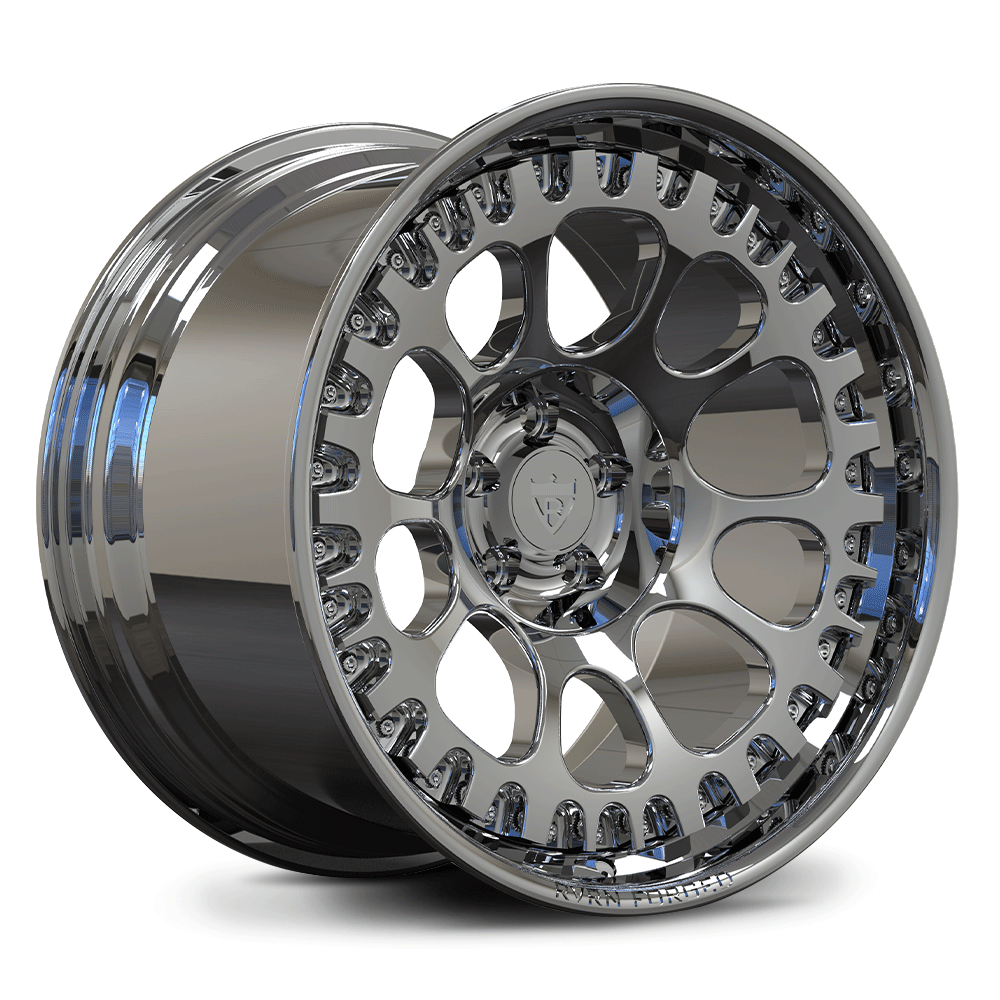 Custom forged deep dish wheels for Ford Mustang GT, featuring a sleek chrome finish for an aggressive look.