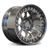 Custom forged deep dish wheels for Ford Mustang GT, featuring a sleek chrome finish for an aggressive look.