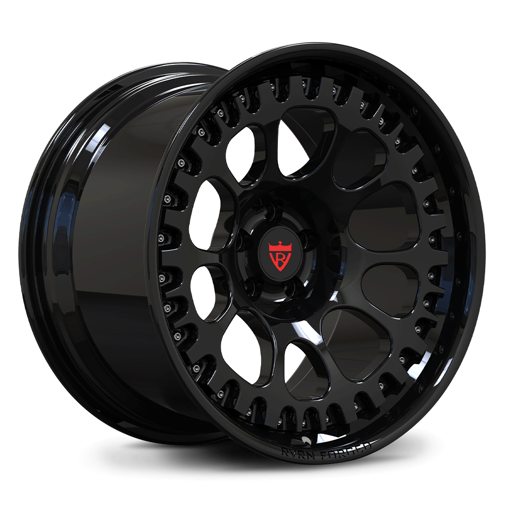 Custom forged 2-piece deep concave wheels in black, designed for Ford Mustang GT for a unique aggressive style.