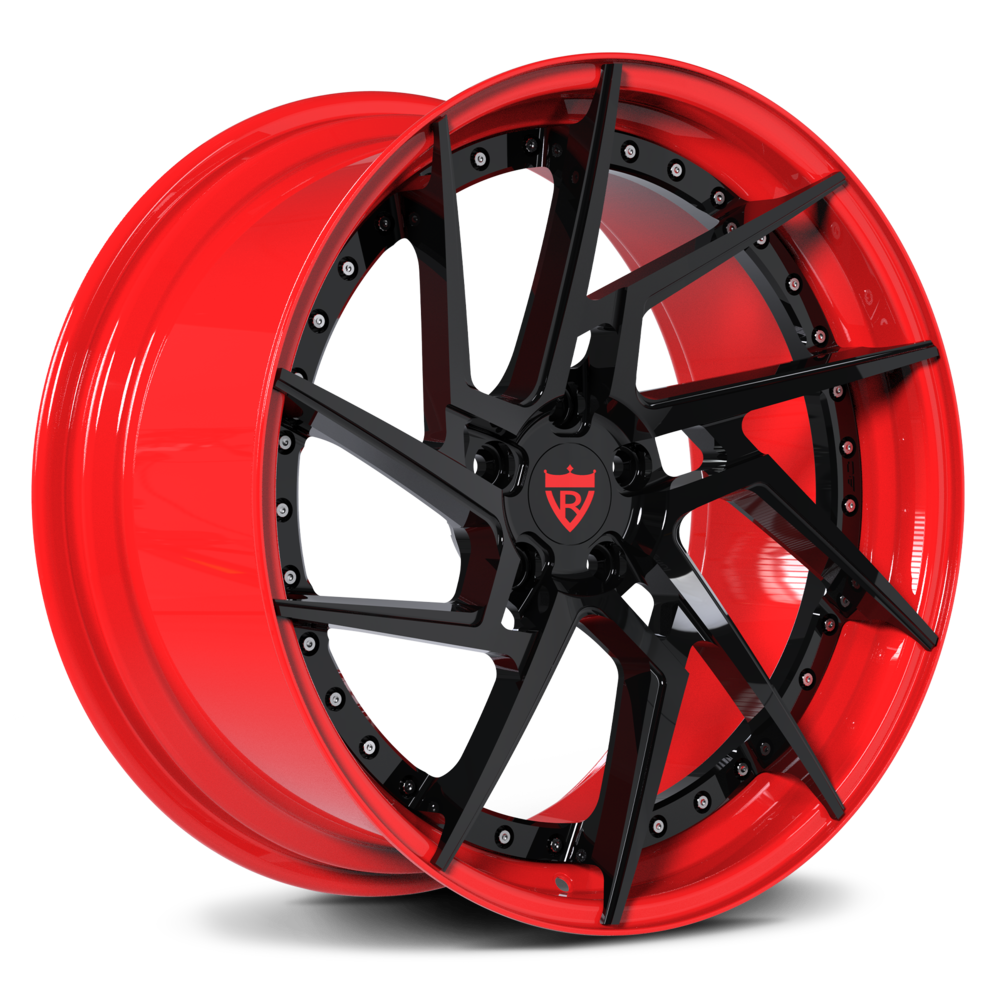 Custom 2-piece forged wheels in red and black, ideal for sports cars like Ferrari 488 GTB and luxury vehicles.