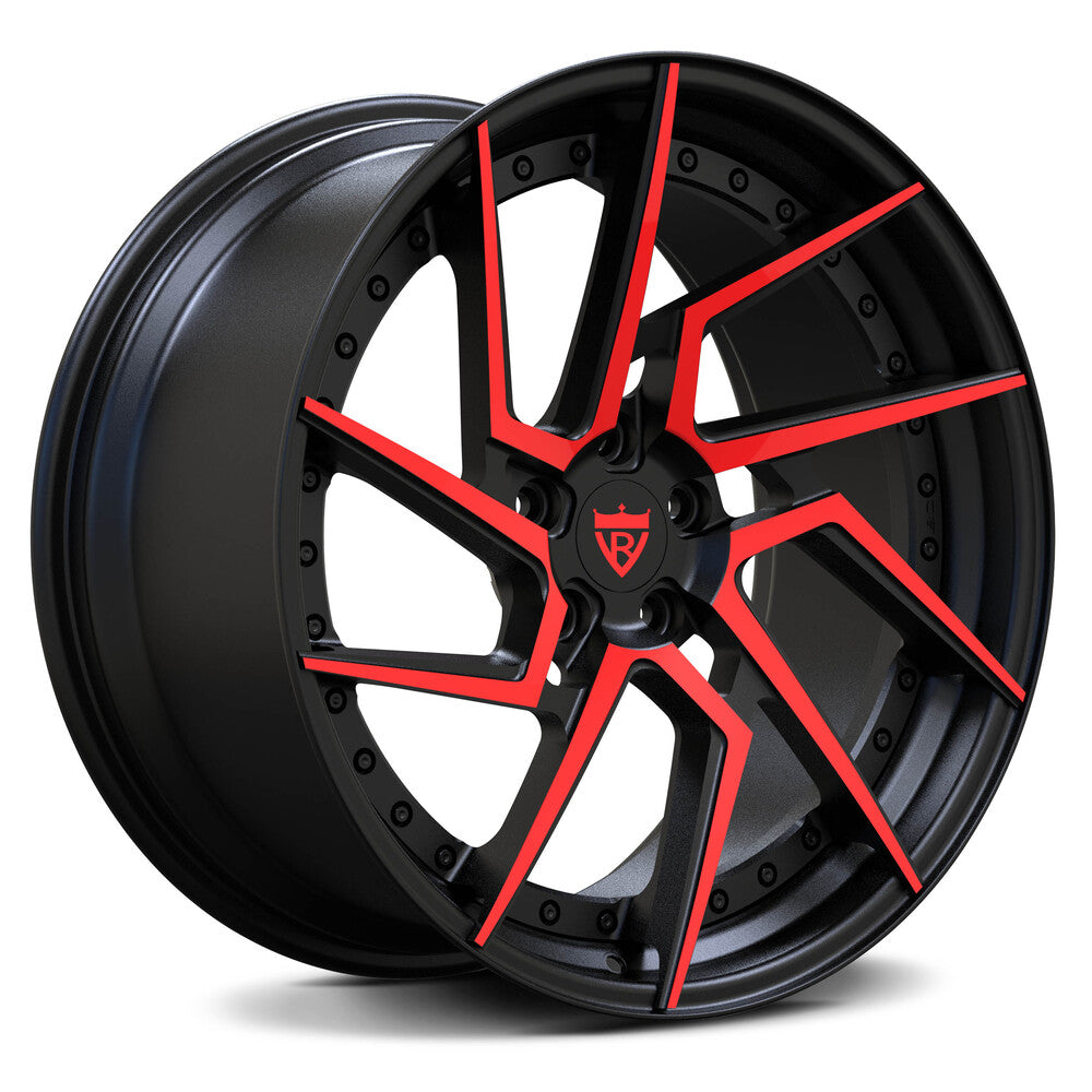 Custom 2-piece forged wheel RV-DF041 with black and red finish, suitable for cars like Ferrari and Tesla.