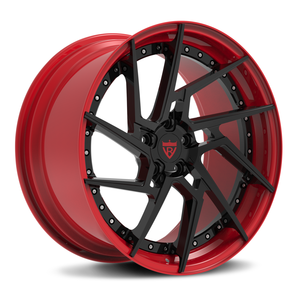 Custom 2 piece forged wheel RV-DF041 in red and black finish, perfect for Ferrari and other luxury vehicles.