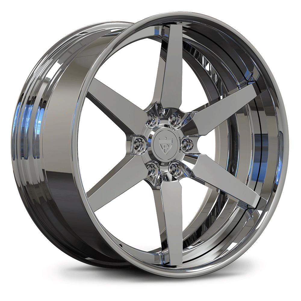 Custom forged 2-piece 6 spoke wheels for Ford F-150, showcasing a deep dish design and polished chrome finish.