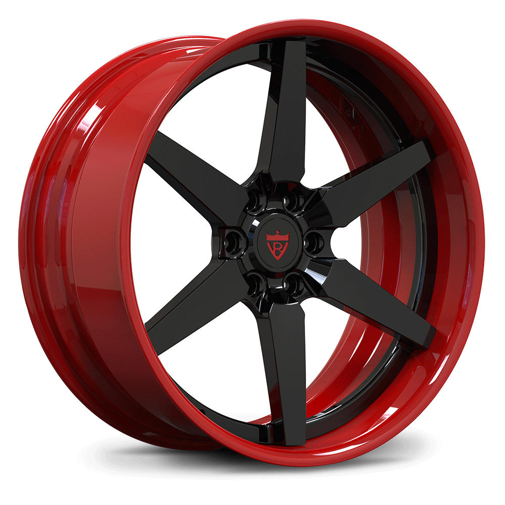 Custom forged 6-spoke truck wheel in red and black, designed for Ford F150 performance and style.