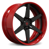 Custom forged 6-spoke truck wheel in red and black, designed for Ford F150 performance and style.