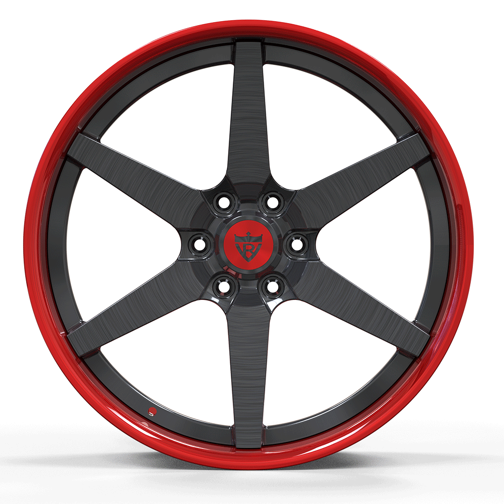 Custom forged 6-spoke wheel with a black finish and red accents, designed for Ford F-150 trucks.