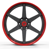 Custom forged 6-spoke wheel with a black finish and red accents, designed for Ford F-150 trucks.