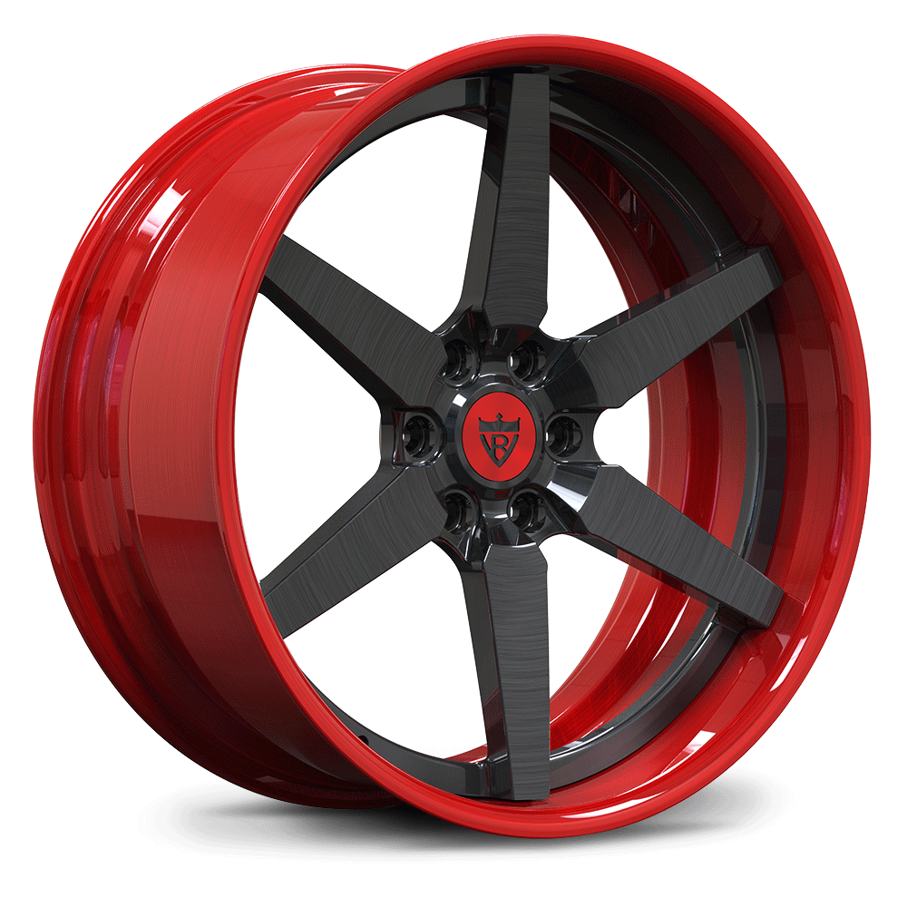 Custom forged 2-piece 6 spoke wheels RV-DF14 in red and black, designed for Ford F-150 trucks for enhanced performance.