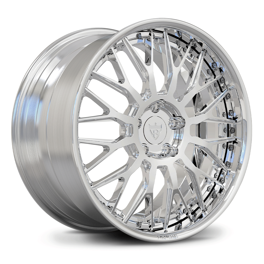 Custom forged deep dish chrome wheels with intricate design and shiny finish, perfect for any vehicle.