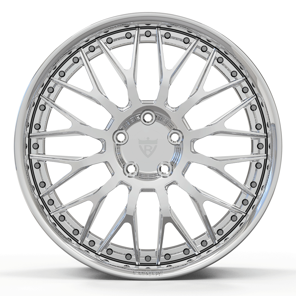 Custom forged deep dish 2-piece chrome wheel RV-DG122, perfect for Mustangs and other vehicles, showcasing intricate design.