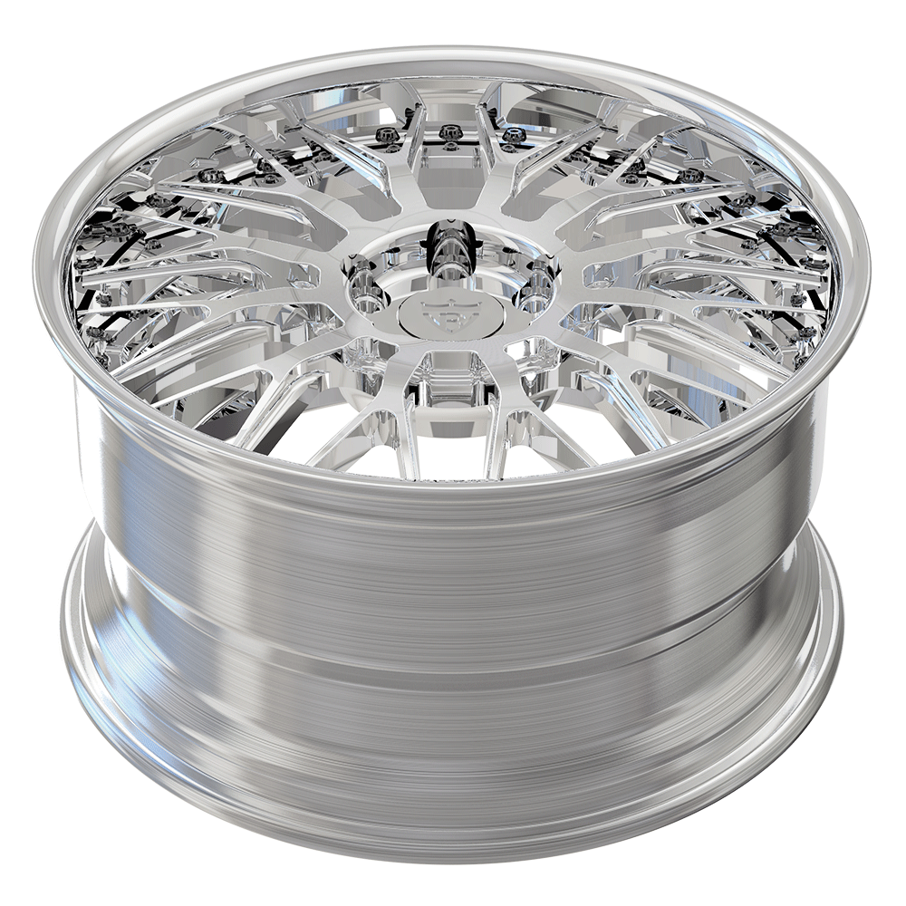Custom forged deep dish chrome wheel, designed for maximum concavity and brake clearance.