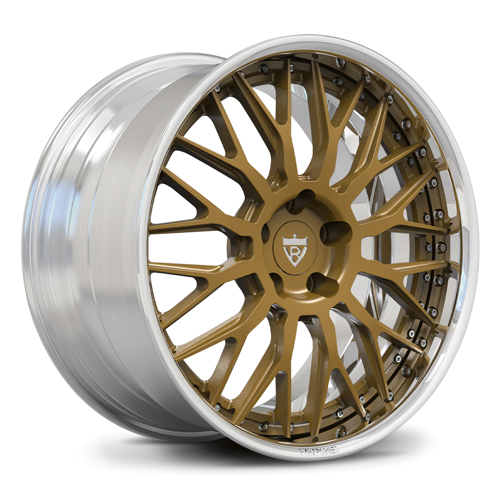 Custom forged deep dish chrome wheel, featuring aerospace-grade aluminum alloy in bronze finish, designed for optimal performance.