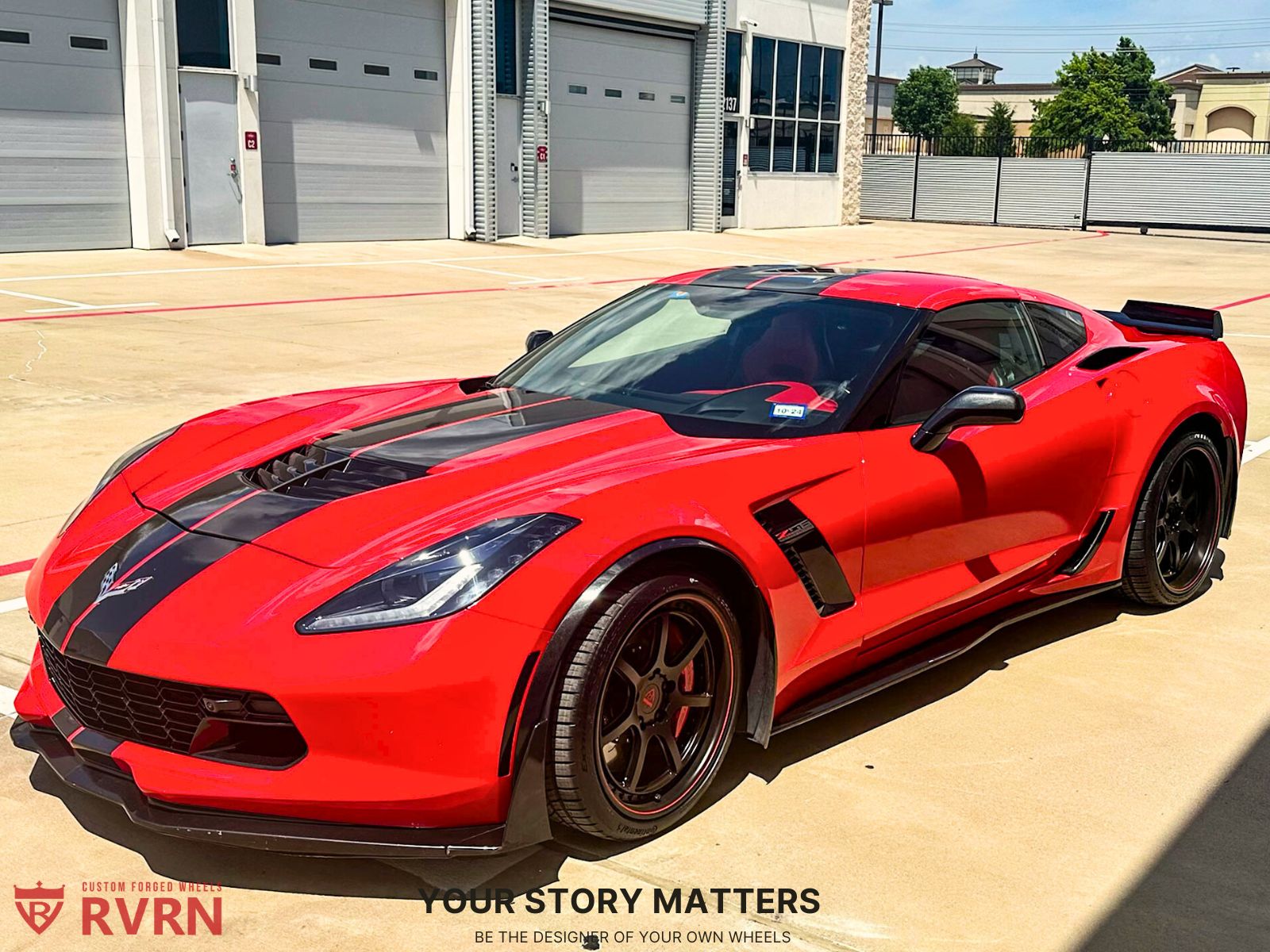2019 Corvette C7 Z06 with RVRN forged wheels, featuring striking red and black rims and deep dish design.