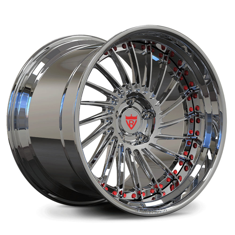Custom forged 2-piece deep dish wheels with chrome finish and red accents, perfect for unique vehicle styling.
