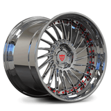 Custom forged 2-piece deep dish wheels with chrome finish and red accents, perfect for unique vehicle styling.