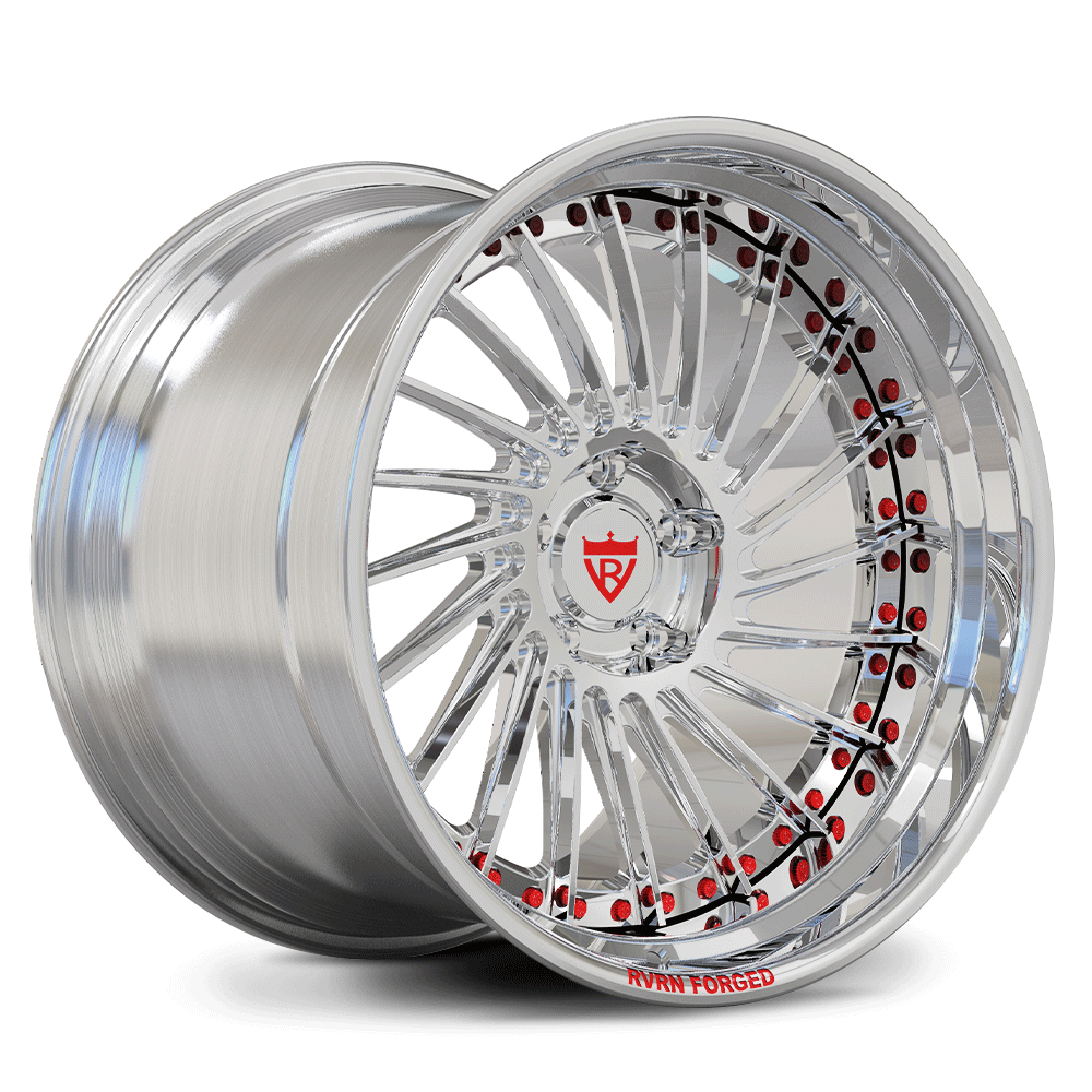 Custom forged 2-piece deep dish wheels with step lip design, showcasing a polished finish and red accents.