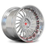 Custom forged 2-piece deep dish wheels with step lip design, showcasing a polished finish and red accents.