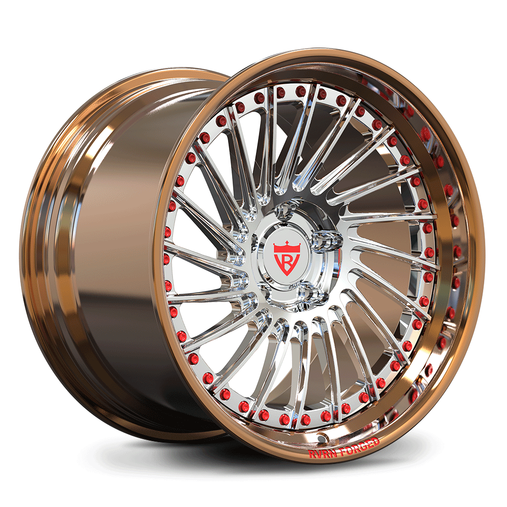 Custom forged 2-piece deep dish wheels in bronze with chrome spokes and red accents, ideal for C7 Corvette aftermarket wheels.