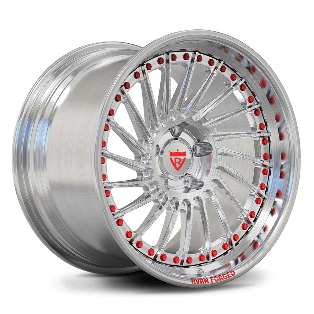 Custom forged 2-piece deep dish RV-DN01 wheels with red accents and polished finish, ideal for C7 Corvette upgrades.